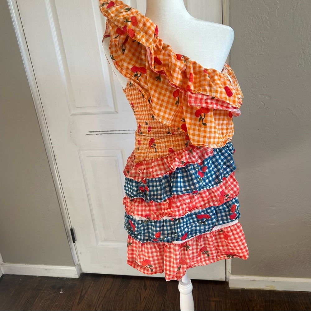 Anthropologie Farm Rio one shoulder cherry mini Colorful tiered Ruffle Dress - Picture 7 of 8